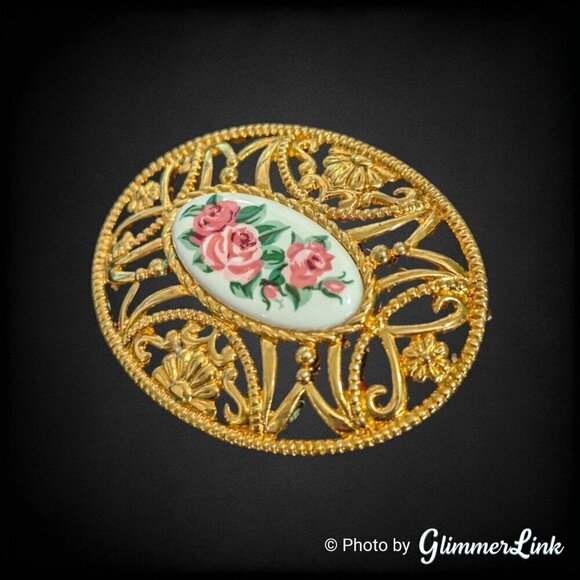 Vintage Avon Pastel Lace Floral Oval Filigree Gold Tone Brooch - Picture 3 of 6